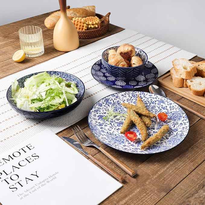 Selamica Ceramic Plates and Bowls Sets, 32 Pieces Dinnerware Sets for 8, Scratch Resistant Embossed Dishes Set for Family Gatherings, Dishwasher & Microwave Safe, Dark Blue