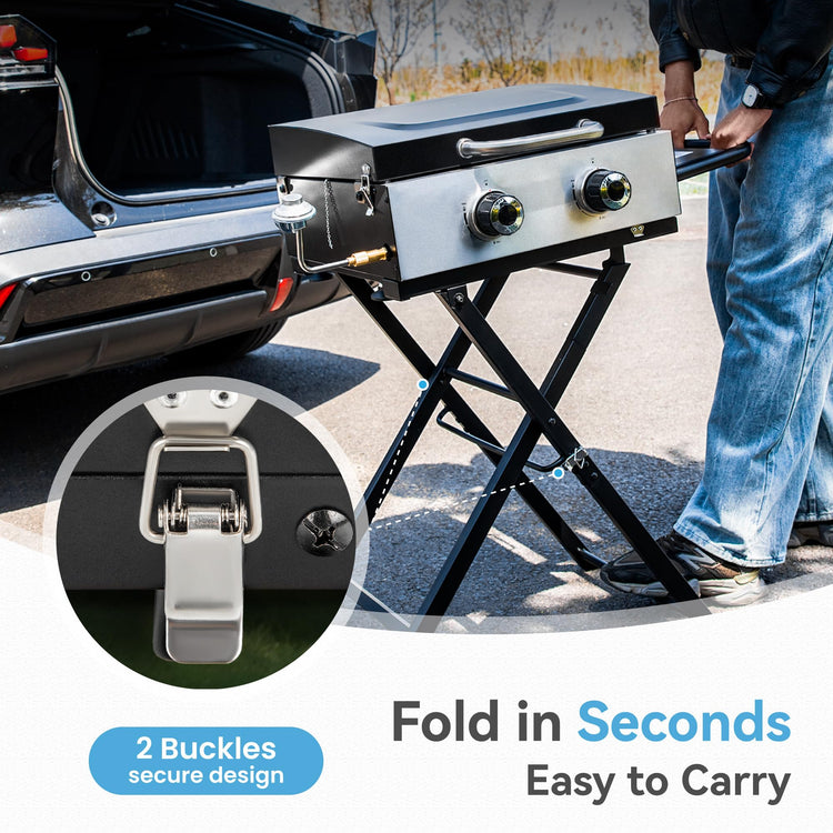 2 Burner BBQ Propane Gas Griddle with Collapsible Stand for Outdoor Cooking