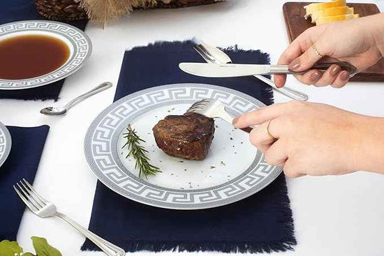 Dinnerware Set for 8-49 Piece Vintage Porcelain Dish Set - White and Silver Greek Key Design - Luxurious Tableware - For Everyday Use or Formal Occasions (Meander Silver 2049)