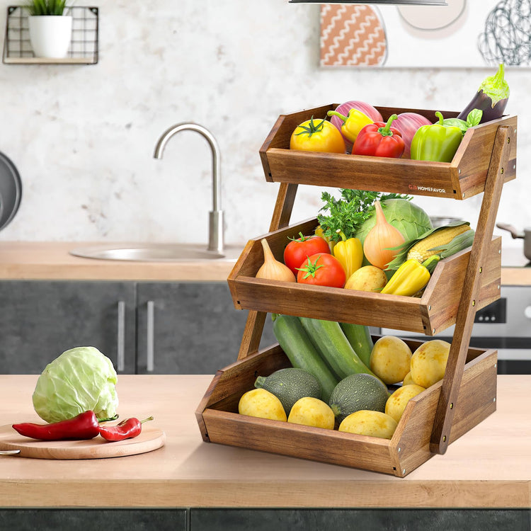 3 Tier Acacia Wood Fruit Basket for Kitchen