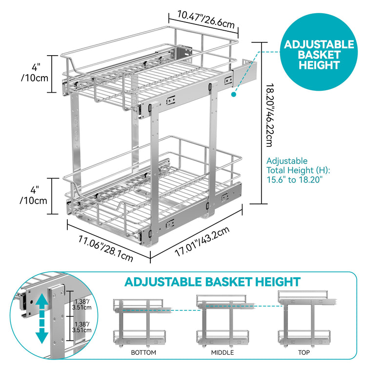 2 Tier Pull Out Cabinet Organizer 11" W X 17" D