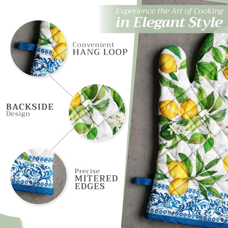 Maison d' Hermine 100% Cotton Oven Mitt & Pot Holder Set (7.5"x13" & 8"x8") Heat Resistant BBQ Cooking Gloves with Loop, Baking, Grilling, Kitchen, Handling Hot Pans Spring/Summer (Cedrat)