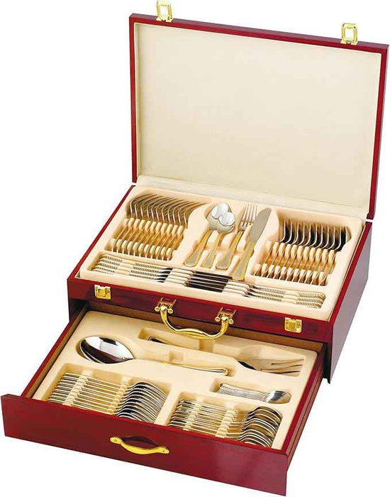 75-Pc Luxury Gold Flatware Set for 12 w/Wooden Storage Case, 24 kt Plated Premium Dining Cutlery Service, 18/10 Surgical Stainless Steel Silverware Hostess Serving Set in a Chest