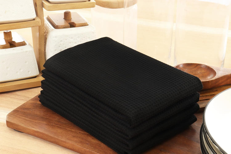 PurpleEssences Waffle Weave Kitchen Towel, 100% Cotton - 15 x 25 Inches, with Hanging Loop Ultra Soft Absorbent Quick Drying Dish Cloth, Tea and Hand Towels, 6 Pack - Spring Summer - Black - Nestoria