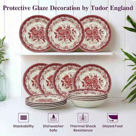 Tudor Royal 12-Piece Round Porcelain Dinnerware Set, Service for 4 - Victoria RED Design, Red Floral, Plates Bowls Dishes, Premium Quality Tableware, Unique Pattern, Glossy