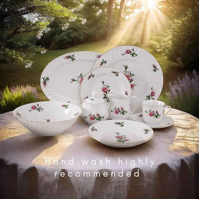 Lynns Paradise 45-Piece Vintage Rose Dinnerware Set, 24K Gold Trim | Embossed Swirl Floral Plates & Bowls | Apartment Essentials | Home Kitchen Dinner Accessories