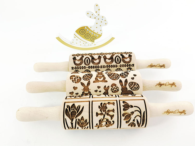 EASTER 3 Mini Embossed Rolling Pin Set. Wooden Laser Cut Embossing Rolling Pins for Embossed Cookies. Easter