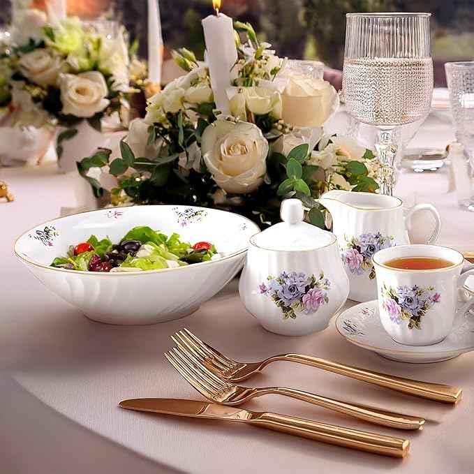 Lynns Paradise 45-Piece Serafina Dinnerware Set, 24K Gold Trim Embossed Swirl Floral Plates & Bowls Apartment Essentials Home Kitchen Dinner Accessories
