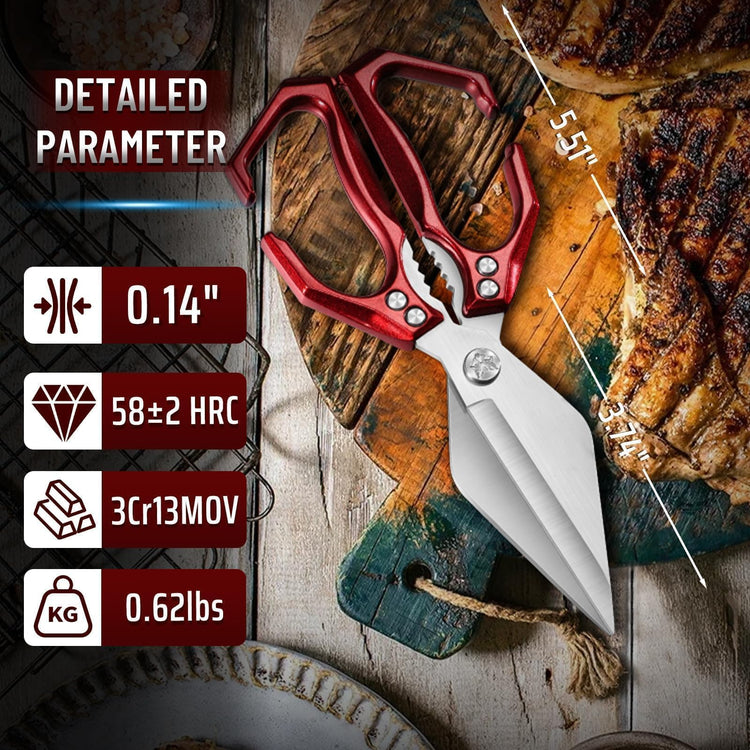Heavy Duty Poultry Shears for Food with Red Ergonomic Handle