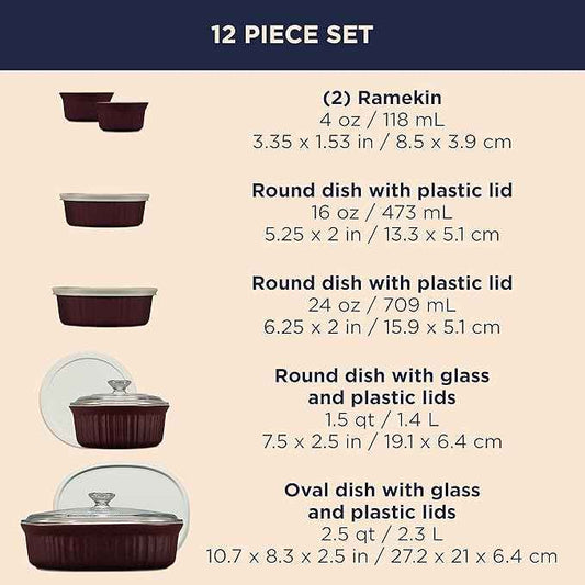 CorningWare Ceramic Bakeware Set with Lids, Chip and Crack Resistant Stoneware Baking Dish, Microwave, Dishwasher, Oven, Freezer and Fridge Safe, 12-Piece French Cabernet