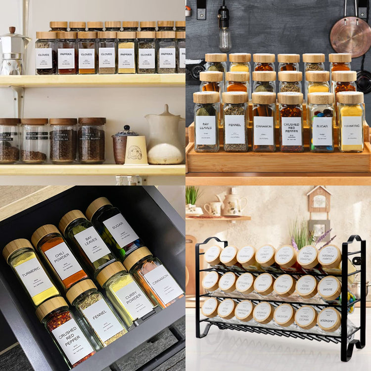 Glass Spice Jars with Bamboo Lid & 398 Label for Cabinet & Drawer Organizer