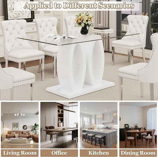 63" Glass Dining Table Set for 6, 7-Piece Rectangular Kitchen Table with Tempered Glass Top, White Double O-Shaped MDF Base, and 6 White Velvet Upholstered Chairs for Dining Room, Living Room, Office