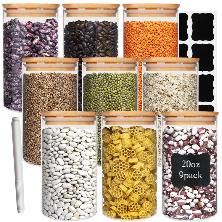 9 Pack 20 oz Glass Jars with Airtight Bamboo Lids for Kitchen (9 Count)
