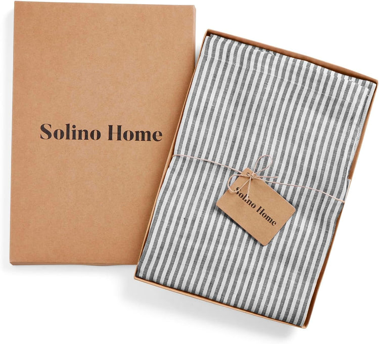 Solino Home 100% Pure Linen Apron for Women & Men - Black and White Stripe Full Midi Bib Apron, Adjustable Neck Strap with Center Pockets for Kitchen, Chef - Handcrafted from European Flax