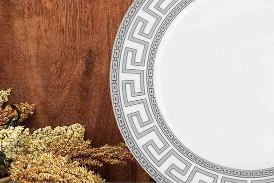 Dinnerware Set for 8-49 Piece Vintage Porcelain Dish Set - White and Silver Greek Key Design - Luxurious Tableware - For Everyday Use or Formal Occasions (Meander Silver 2049)