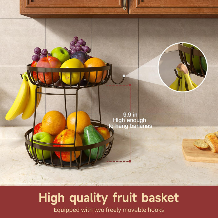 2 Tier Fruit Bowl for Kitchen Counter with Banana Hangers