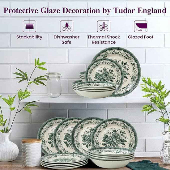 TUDOR ROYAL 12-Piece Porcelain Round Dinnerware Set, Service for 4, VICTORIA Green Design, Blue Floral, Plates Bowls Dishes, Premium Quality Tableware, Unique Pattern, Glossy
