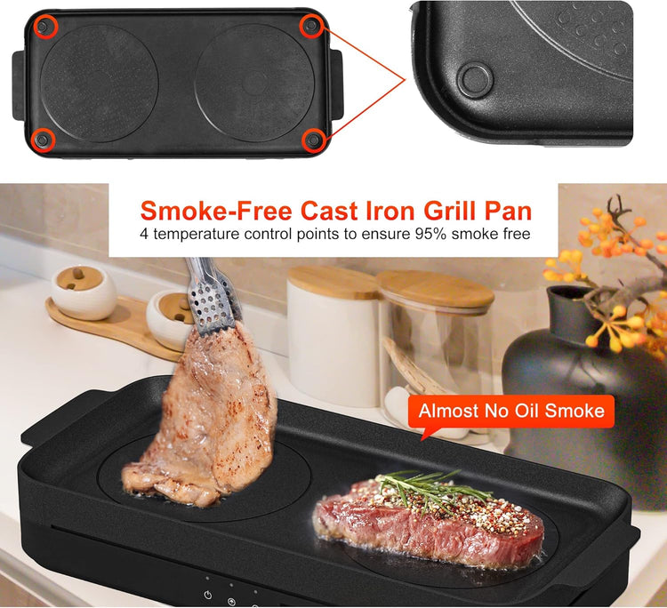 Portable Induction Cooktop 2 Burner with Removable Iron Cast Griddle Pan Non-stick, 1800W Double Induction Cooktop with Child Safety Lock & Time, Great for Family Party