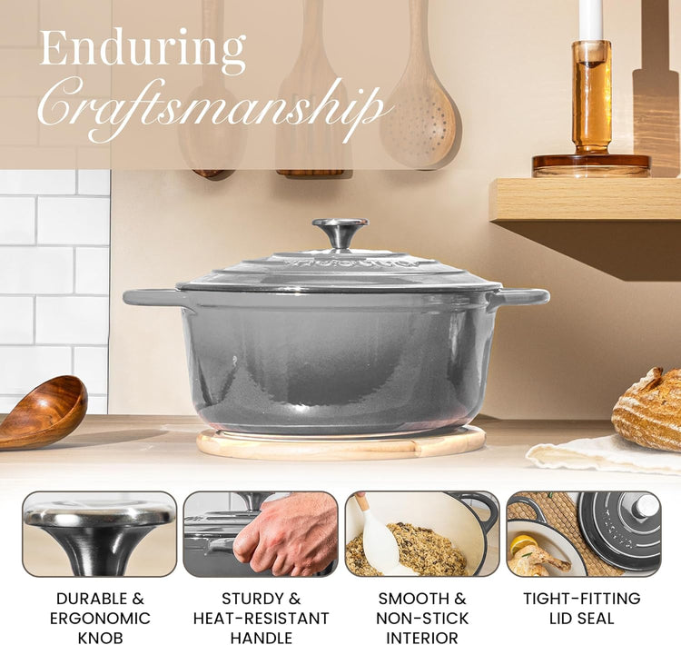 Nuovva Enamelled Cast Iron Dutch Oven Pot with Lid – 6.4 Quart Non Stick Casserole Pot – Heavy Duty & Oven Safe up to 500° F for Bread Baking, Braising, Stews, Roasting – 28cm Grey - Nestoria