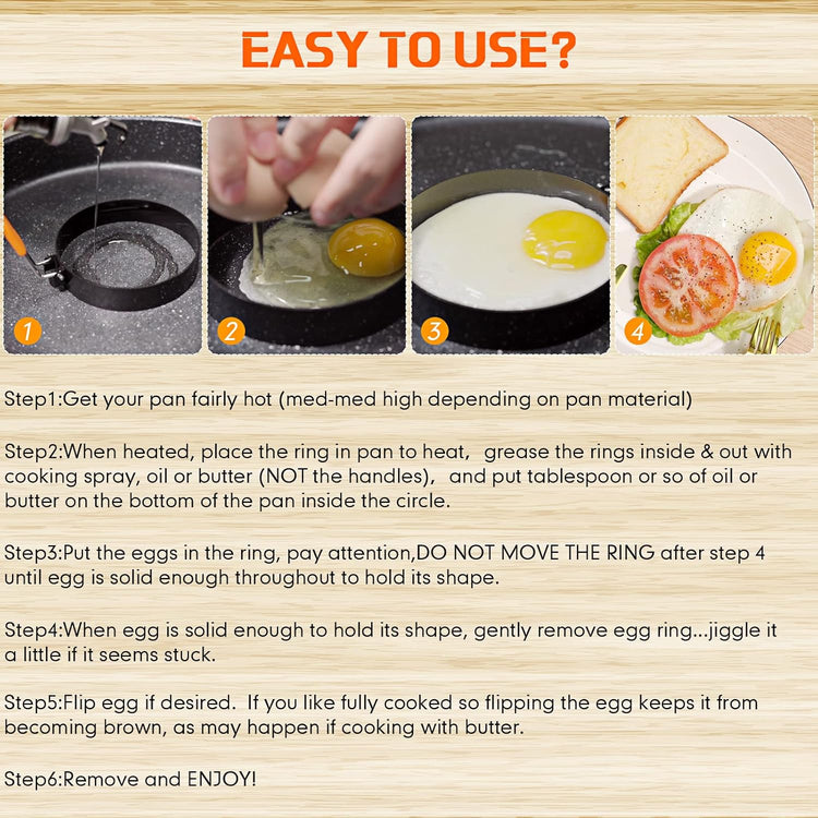 Patelai 6 Pcs Egg Ring Pancake Ring Set Stainless Steel Fried Egg Molds Griddle Pancake Shapers with Silicone Handle for Breakfast Omelette Sandwich (Round Style,4, 6, 8 Inch)