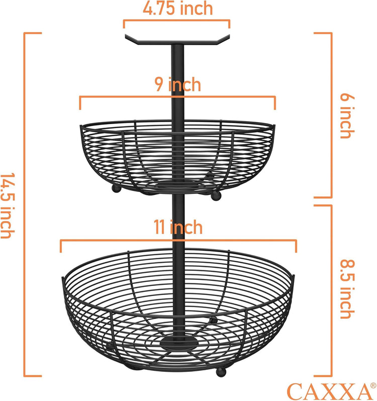 CAXXA 2 Tier Fruit Basket Bowl Kitchen Heavy Duty Wire Organizer, Black