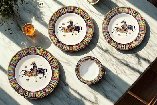 Porcelain Dinnerware Set for 4-20 Piece Luxury Greek Horse Cheval Banquet Dinner Set - Elegant Design - Plates and Cups with Saucers - Dining Set for Everyday Use or Formal Occasions