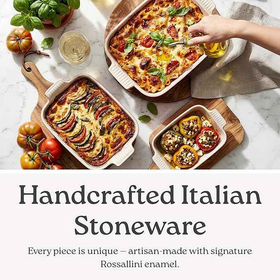 Stoneware Casserole Dish Bakeware Set of 3 | Rectangular Dinnerware Set with Handles [Glossy White]