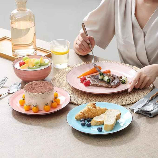 Selamica Ceramic 12-Pieces Dinnerware Sets, Scratch Resistant Plates and Bowls Sets, Handpainted Swirl Dishes Set for 4 with Spray Black Dots, Dishwasher&Microwave Safe, Gradient Color