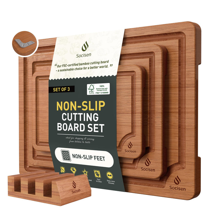 3 Packs Bamboo Cutting Board Set with Non Slip Feet Holder and Over Sink Nice Solid Thick Wood Juice Groove Chopping Board Extra Large Big Small Best Hardwood Kitchen Organic Vegetable Meat BBQ Kit (3 Count)