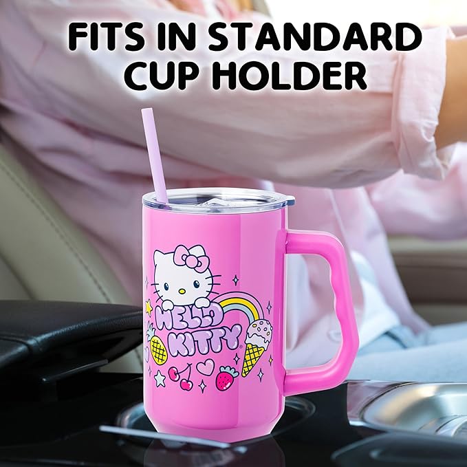 Silver Buffalo Sanrio Hello Kitty Summer Double Walled Stainless Steel Tumbler with Handle, Fits in Standard Cup Holder, 40 Ounces