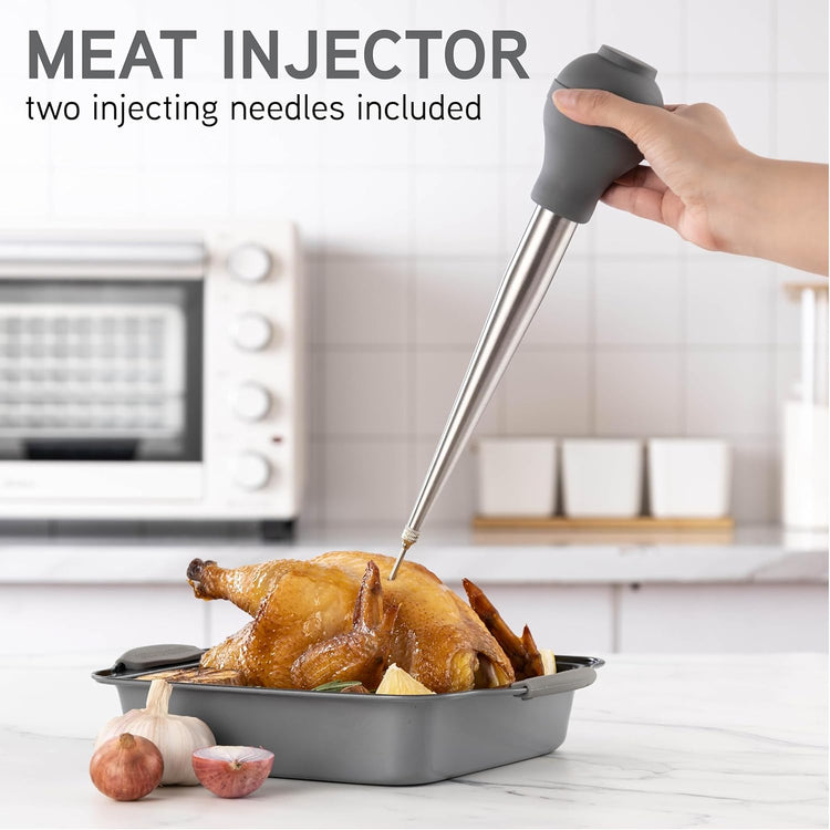 COOK WITH COLOR Turkey Baster with Cleaning Brush - Food Grade Syringe Baster For Cooking, Deluxe Set, Gray