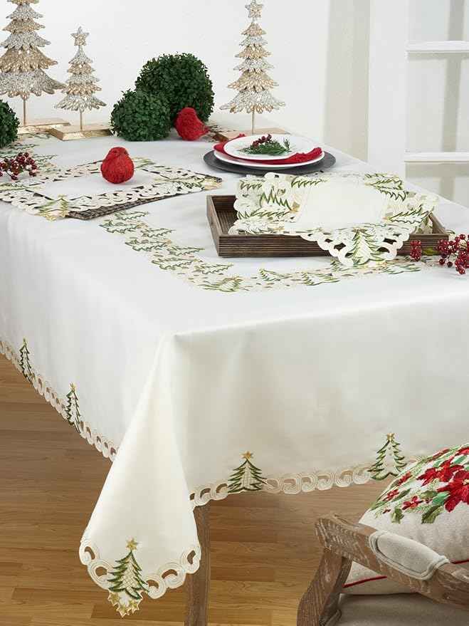Fennco Styles Pandoro Collection Holiday Embroidered Christmas Tree Cutwork Border 16 x 108 Inch Table Runner – Ivory Table Runner for Christmas Dinner, Family Gathering, Special Events and Home Décor