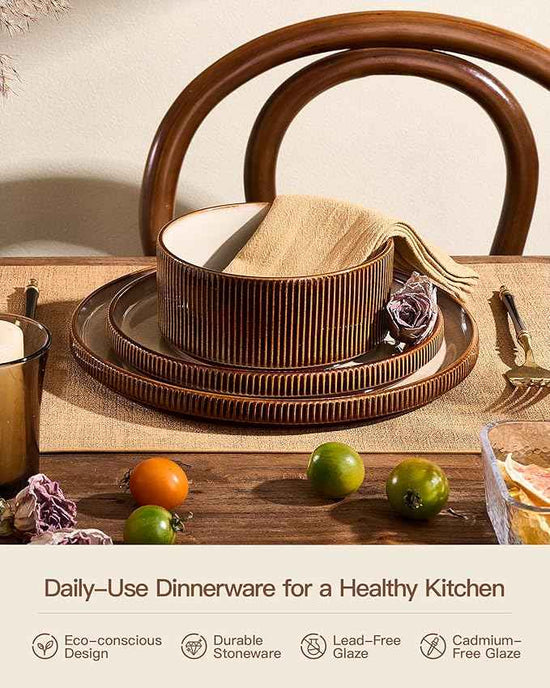 Stoneware Dinnerware Sets, Handcrafted Double Reactive Glaze Plates and Bowls for Everyday & Formal Dining, Microwave & Dishwasher Safe, Scratch Resistant Dishes Service for 4 (12-Piece), Cream Cocoa