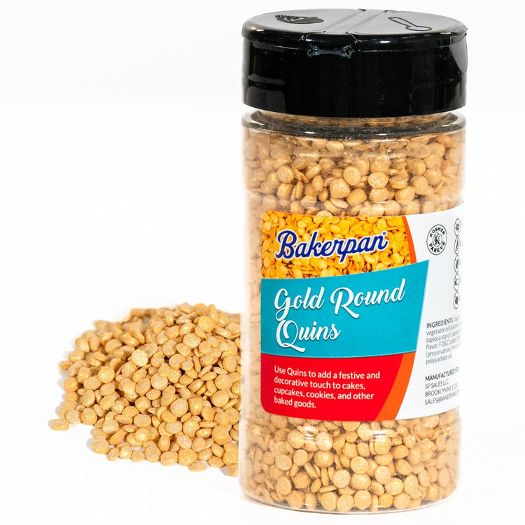 Bakerpan Quins Sprinkles for Cake Decorating - 4 Ounces - Gold Edible Confetti Sprinkles for Cupcakes, Ice Cream, Cookies, Cakes (Made in USA) - Nestoria