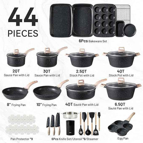 CAROTE 44pcs Pots and Pan Set Nonstick, Cookware Sets, Cooking Set Non Stick, Induction Cook Ware with Bakeware Set, Kitchen Knife Set