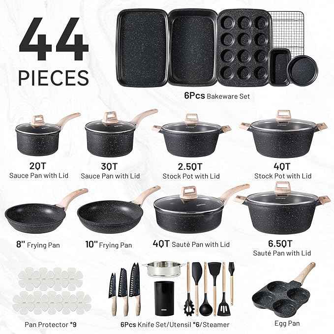 CAROTE 44pcs Pots and Pan Set Nonstick, Cookware Sets, Cooking Set Non Stick, Induction Cook Ware with Bakeware Set, Kitchen Knife Set