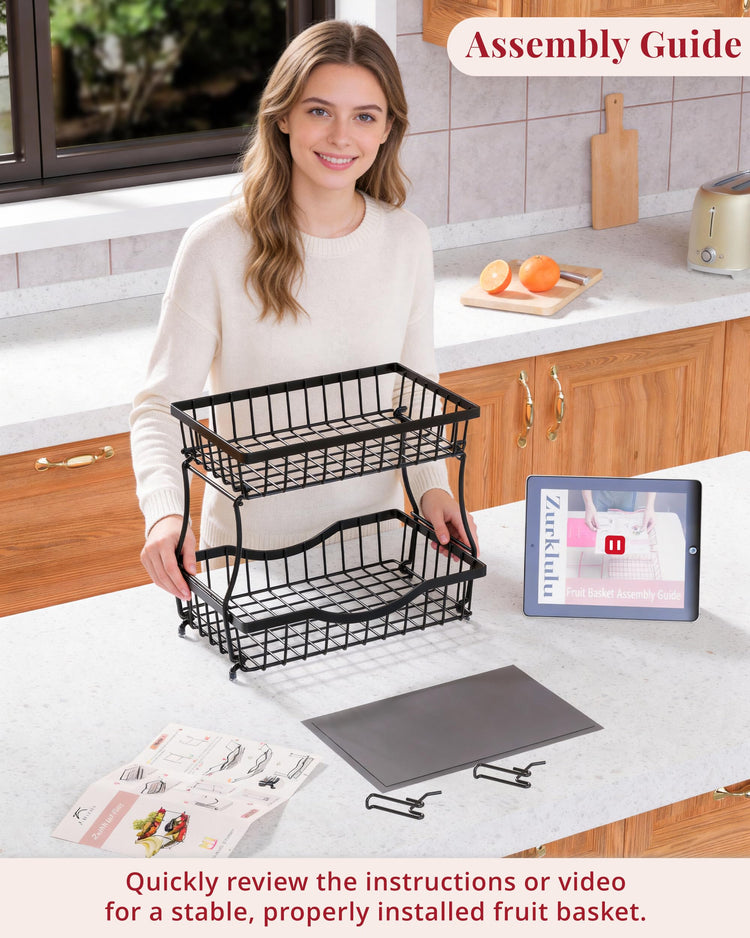 Large 2 Tier Fruit Basket for Kitchen Counter with 2 Banana Hangers