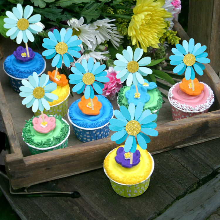 24Pcs Daisy Cupcake Toppers Flower Cake Topper Decorations Daisy Cake Decorations Chrysanthemum Cupcake Toppers Spring Daisy Flower Cake Picks for Birthday Wedding Supplies Blue (24 Count)