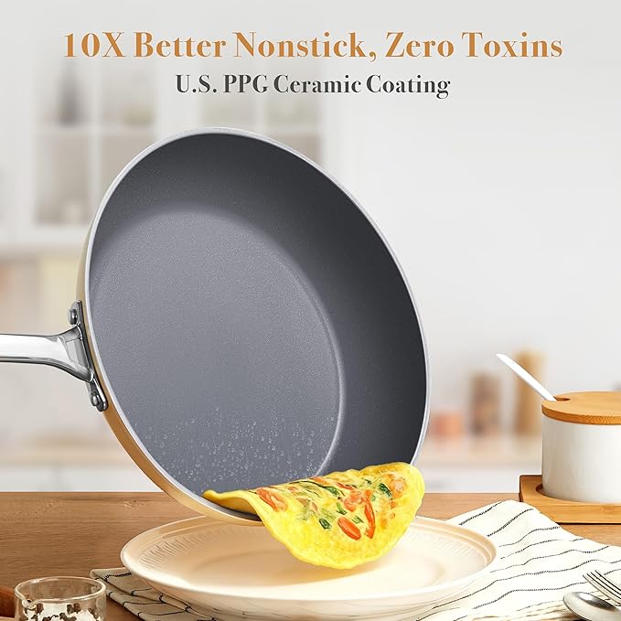PekGema 16 Pcs Ceramic Cookware Sets, Pots and Pans Set Nonstick, Non Toxic Healthy Non stick Kitchen Cooking Set, PFAS PTFE PFOA FREE, Stay-Cool Handle,Dishwasher-Friendly,Oven-Safe