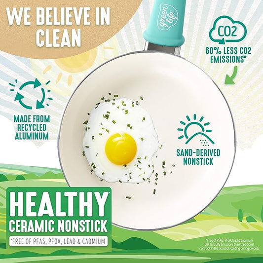 GreenLife Soft Grip Healthy Ceramic Nonstick 12 Piece Cookware Pots and Pans Set, PFAS-Free, Dishwasher Safe, Turquoise