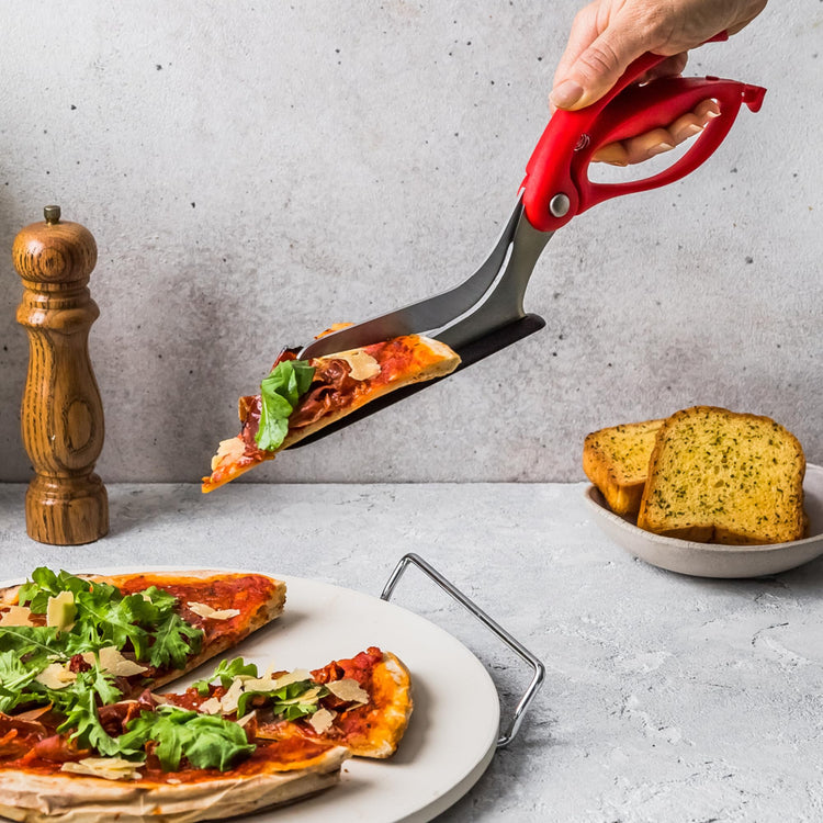 Scizza 2-In-1 Easy Ergonomic Pizza Scissors with Stainless Steel Pizza Cutter Blades & Non-Stick Slice Server - Red