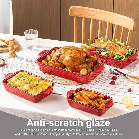 Casserole Dishes for Oven, Baking Dishes, Ceramic Bakeware Sets of 4, Rectangular Baking Pan Set with Handles for Baking, Casserole, Kitchen, Wedding Gift (Red)