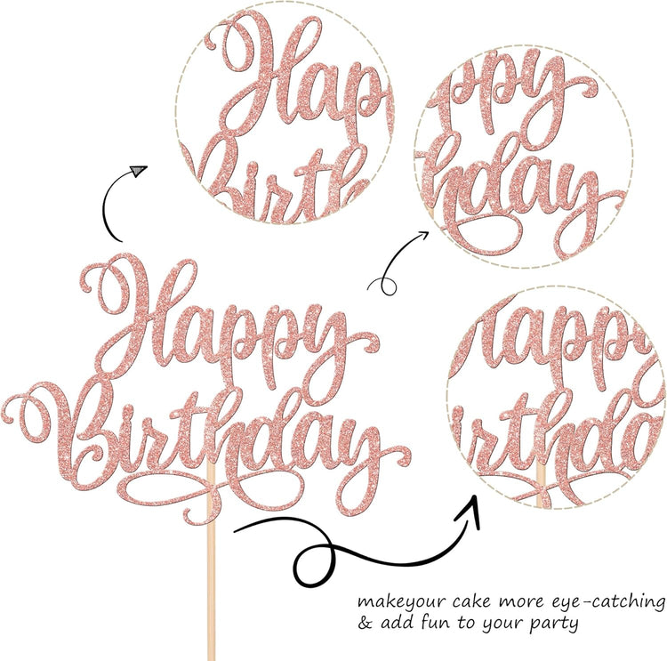 ZHUOWEISM 1 PCS Happy Birthday Cake Topper Glitter Happy Birthday Cake Pick for Celebrating Happy Birthday Anniversary Party Cake Decorations Supplies Rose Gold