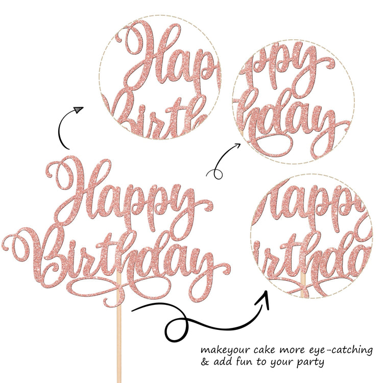 1 PCS Happy Birthday Cake Topper Glitter Happy Birthday Cake Pick for Celebrating Happy Birthday Anniversary Party Cake Decorations Supplies Rose Gold