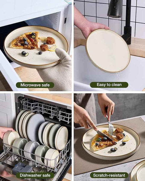 Famiware Star Dinnerware Set, Plates and Bowls Sets for 4 (12pcs), Ribbed Stoneware Dishes with Trim - Chip & Scratch Resistant, Microwave & Dishwasher Safe, Cream