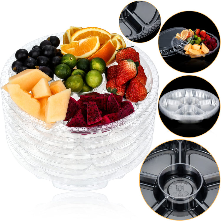 12 Pack Round Plastic Veggie Tray with Lid Fruit Tray 6 Divided Compartment Container Food Serving Dip Platter Reusable Catering Trays for Veggie Fruit Snack Party and Buffet Trays（Clear (12 Count)