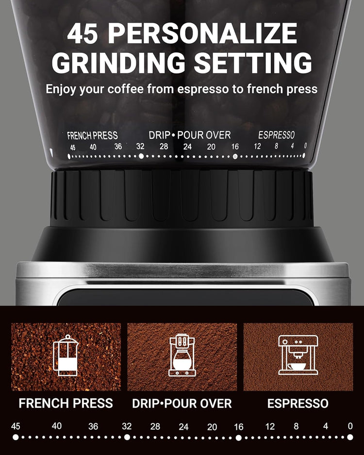 AMZCHEF Coffee Grinder, Coffee Bean Grinder for Home Use with Precise Grinding, LED Control Panel, Detachable Funnel Stand, Anti-static Design, 45 Grind Settings, Silver