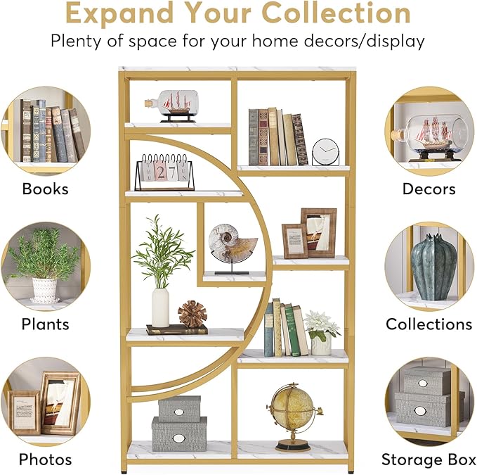 Tribesigns Bookshelf Industrial 5 Tier Etagere Bookcase, Freestanding Tall Bookshelves Display Shelf Storage Organizer with 9-Open Storage Shelf for Living Room, Bedroom, 2 Pack (Gold, 2 Pack)