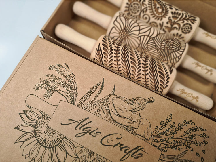 FLORAL 3 Small Textured Rolling Pin Set. Wooden laser engraved embossing dough roller for embossed cookies gift for Birthday