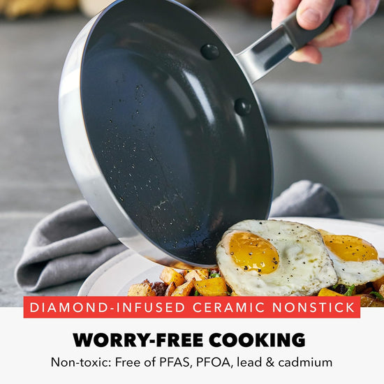 GreenPan x Bobby Flay Stainless Steel 12” Frying Pan Skillet & Glass Lid, Professional Grade Tri-Ply, Multiclad, PFAS-Free Ceramic Nonstick, Induction Suitable, Dishwasher & Oven Safe,Stay Cool Handle - Nestoria